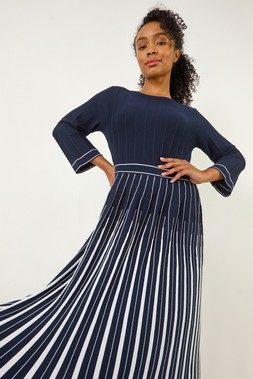 Roman Petite Navy Contrast Pleat Midi Dress