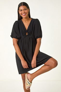 Roman Black Ring Detail V-Neck Gathered Dress