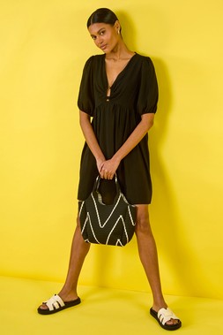 Roman Black Ring Detail V-Neck Gathered Dress