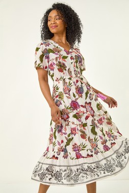 Roman Petite Ivory Floral Dobby Print Midi Dress