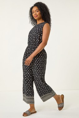 Roman Petite Black Aztec Print Cropped Jumpsuit