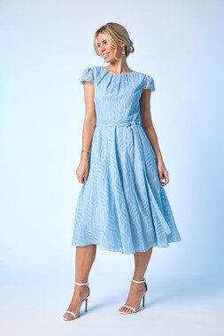 Roman Petite Blue Jacquard Gathered Neck Dress