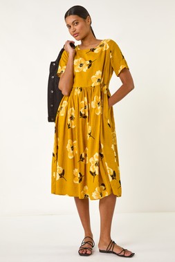 Roman Yellow Floral Smock Midi Dress