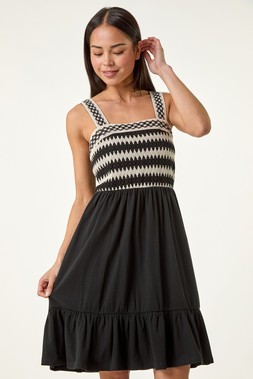 Roman Petite Black Crochet Bodice Strap Dress
