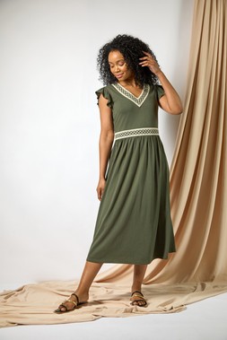 Roman Petite Khaki Crochet Trim Midi Dress