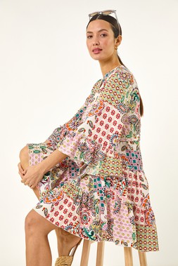 Roman Patchwork Print Button Shirt Dress
