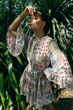 Roman Pink Patchwork Print Tie Waist Dress