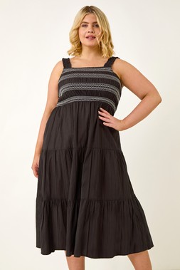 Roman Curve Black Strappy Shirred Midi Dress
