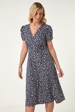 Roman Petite Navy Floral Ditsy Stretch Dress