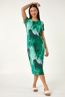 Roman Leaf Print Mesh Midi Dress
