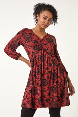 Roman Petite Rust Floral Ruched Dress