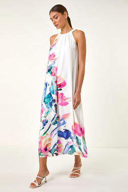 Roman Floral Placement Halter Neck Midi Dress