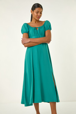 Roman Puff Sleeve Linen Mix Midi Dress