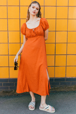 Roman Orange Puff Sleeve Linen Mix Midi Dress