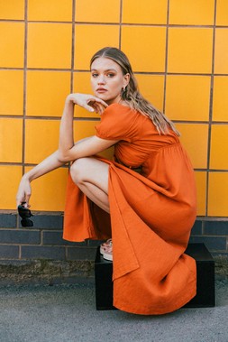 Roman Orange Puff Sleeve Linen Mix Midi Dress