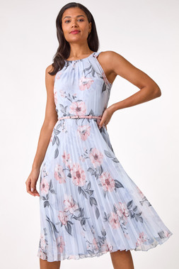 Roman Grey Pleated Halter Midi Dress