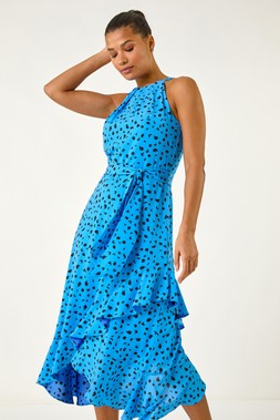 Roman Blue Spot Print Frill Hem Halter Dress