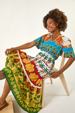 Roman Tropical Print V-Neck Midi Dress