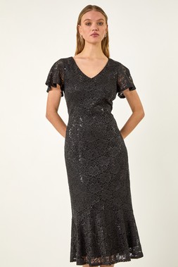 Roman Black Sequin Lace Ruffle Midi Dress