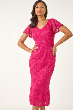 Roman Sequin Lace Ruffle Stretch Midi Dress