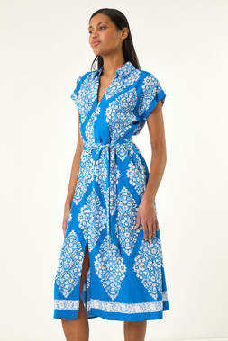 Roman Royal Blue Geo Belted Shirt Dress