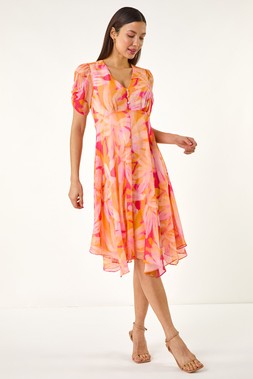 Roman Abstract Painted Floral Hanky Hem Dress
