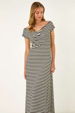 Roman Stripe Bardot Knit Midi Stretch Dress