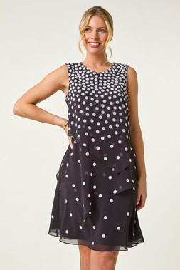 Roman Petite Black Spot Layered Tier Dress