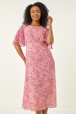 Roman Petite Pink Paisley Tea Midi Dress