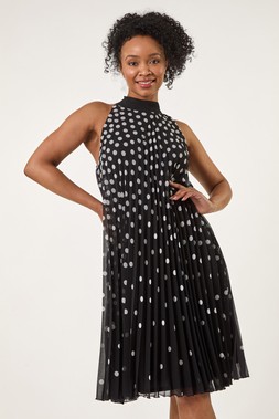 Roman Petite Spot Print Halter Pleat Dress