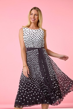 Roman Petite Spot Print Pleated Midi Dress
