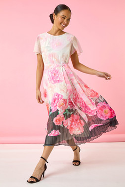 Roman Petite Floral Floral Pleated Midi Dress