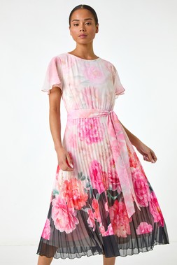 Roman Petite Floral Pleated Midi Dress