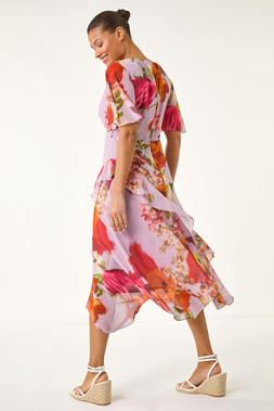 Roman Mauve Floral Painted Frill Midi Dress