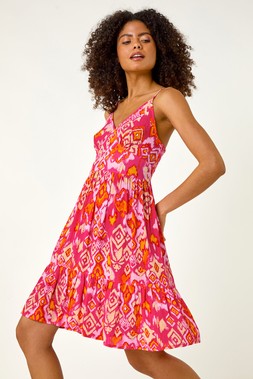 Roman Dusk Pink Orange Printed Button Detail Dress