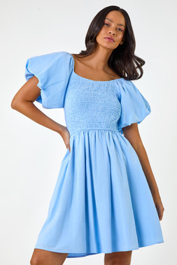 Dusk Light Blue Puff Sleeve Shirred Dress
