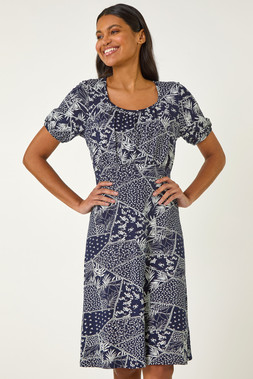 Roman Navy Patch Print Gathered Dress