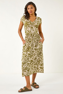 Roman Khaki Floral Print Ruched Stretch Midi Dress