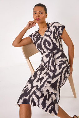 Roman Beige Abstract Print Belted Stretch Midi Dress