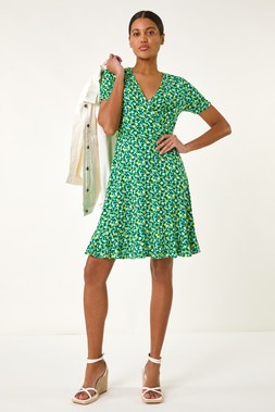 Roman Green Ditsy Floral Wrap Frill Dress