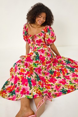 Roman Dusk Red Floral Pleated Puff Dress