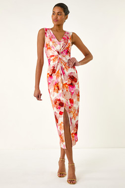 Roman Light Pink Floral Print Twist Front Midi Dress