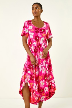 Roman Pink Floral Print Asymmetric Hem T-Shirt Dress