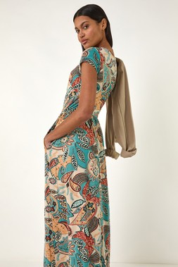 Roman Light Blue Paisley Print Short Sleeve Midi Dress