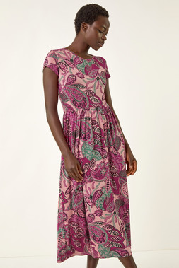 Roman Magenta Paisley Print Short Sleeve Midi Dress