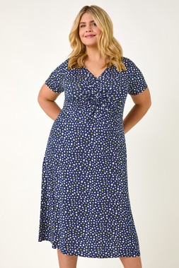 Roman Curve Navy Abstract Twist Front Stretch Midi Dress