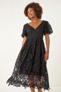 Roman Black Crochet Lace V-Neck Midi Dress