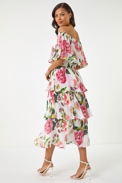 Roman Ivory Bardot Floral Tiered Dress