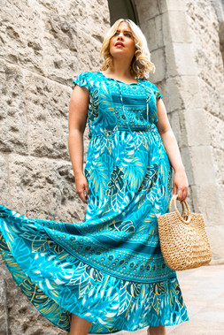 Roman Curve Blue Tropical Print Dress