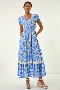 Roman Tile Print Shirred Waist Midi Dress